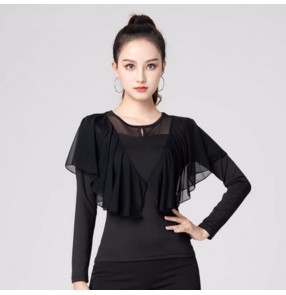 Black red ruffles latin ballroom dance tops for women girls waltz tango flamenco foxtrot smooth dancing blouse shirts for lady